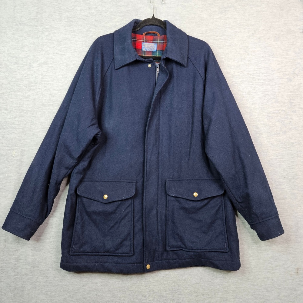 Pendleton Vintage Navy Wool Field Jacket Plaid Lined Mens Large Made in USA